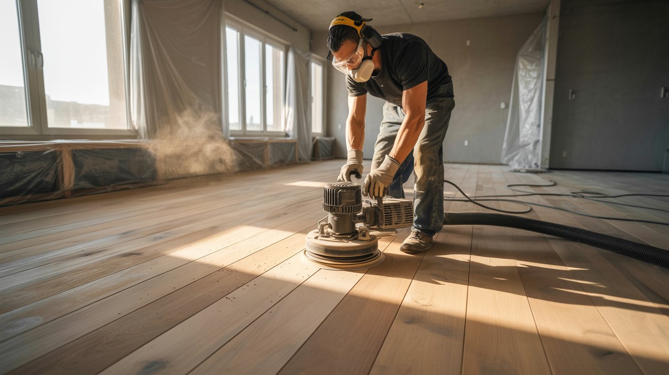 Contractor sanding hardwood floors during floor preparation.