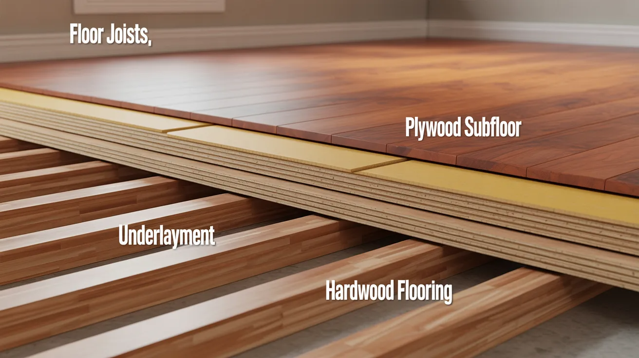 Layered flooring structure showing joists, subfloor, underlayment, and hardwood flooring.