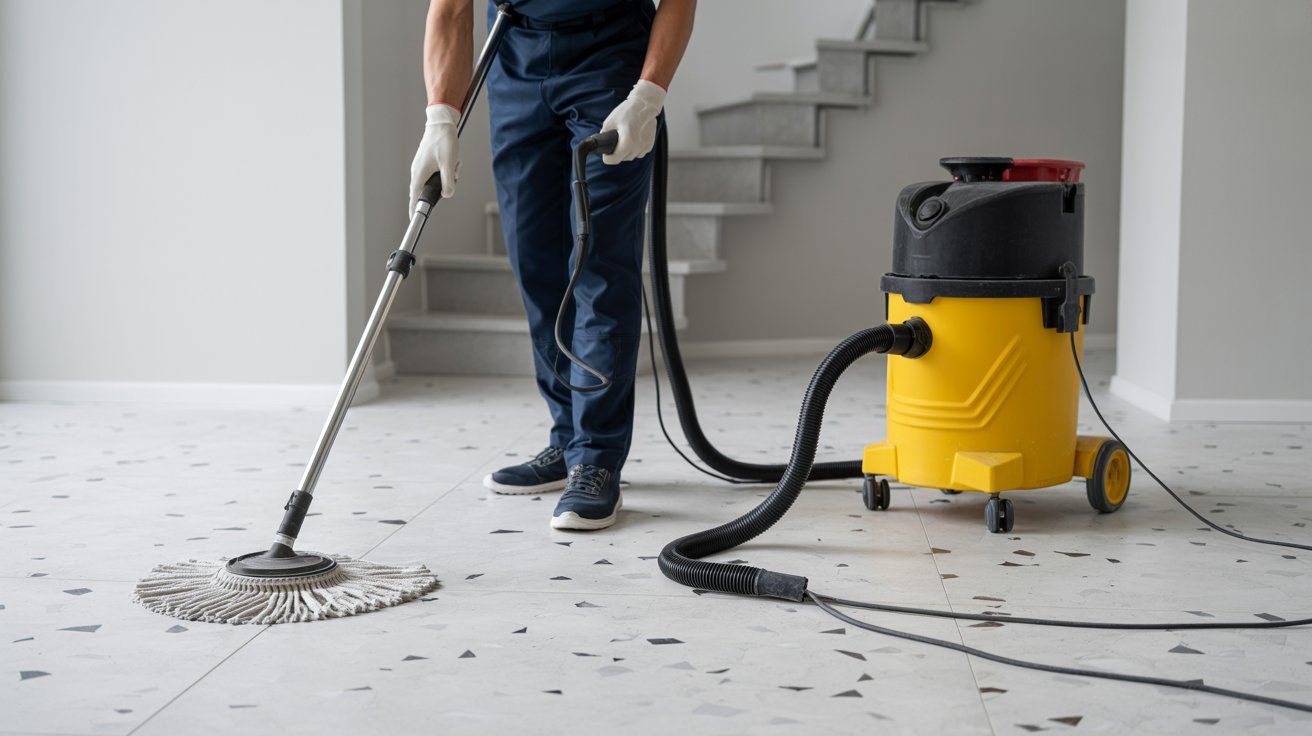 Cleaning terrazzo floor before grinding and polishing.