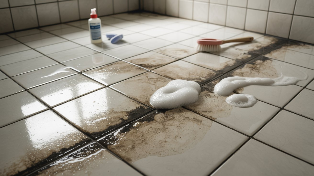 Grout cleaner soaking into dirty tile grout.