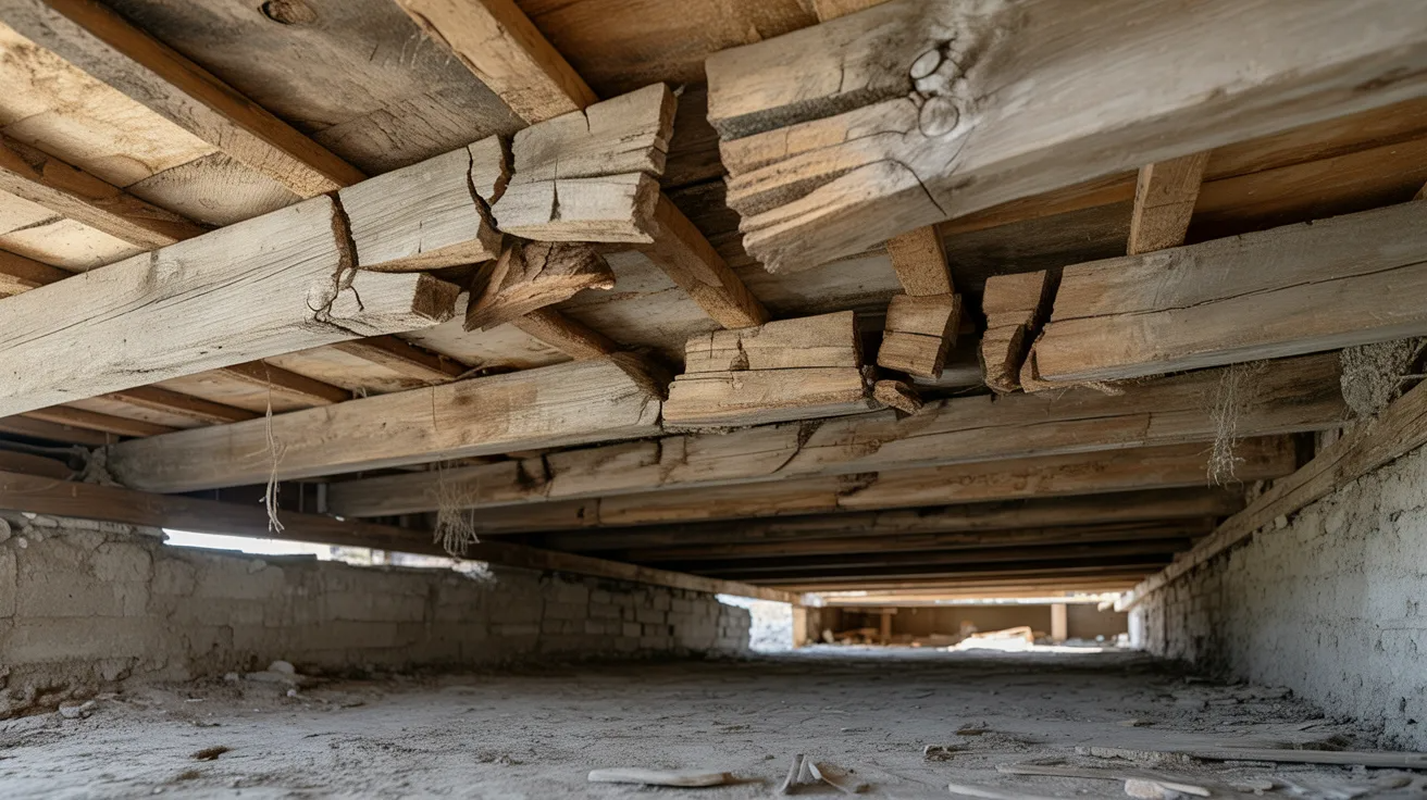 Damaged wooden floor joists causing a sagging floor