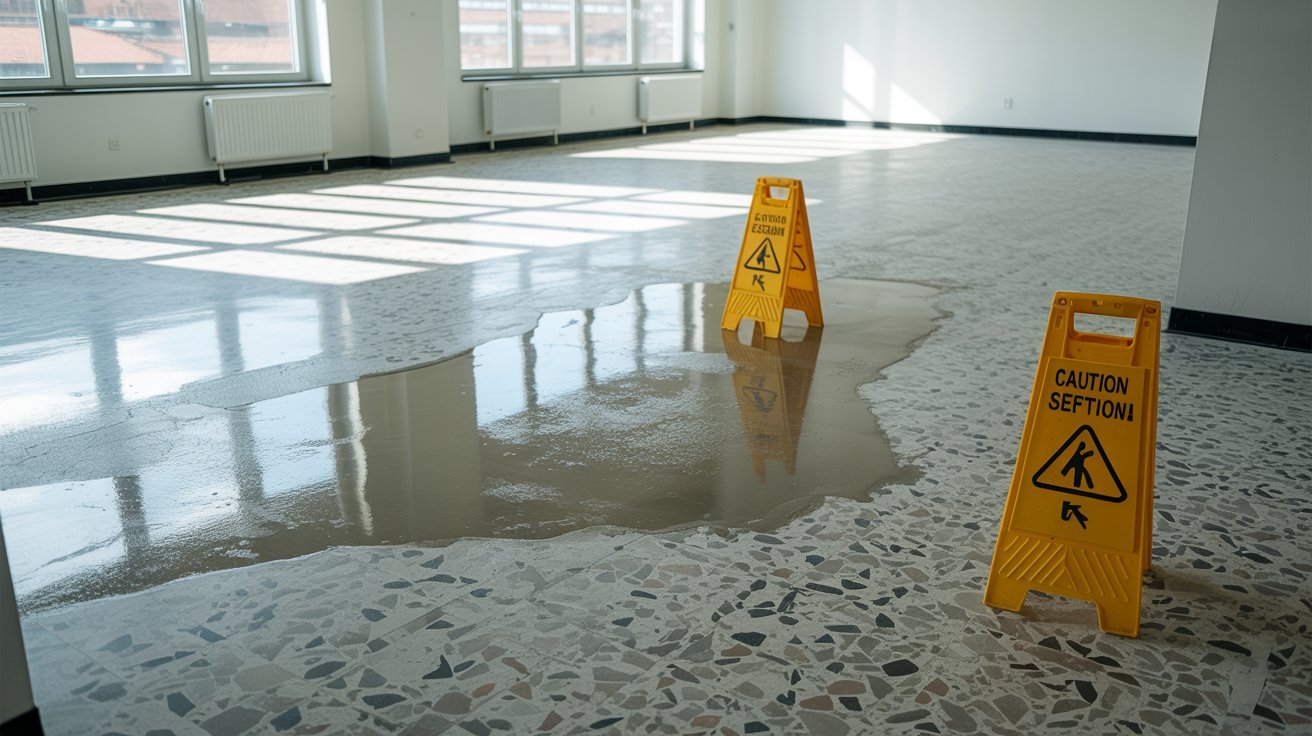 Freshly sealed terrazzo floor drying after restoration.