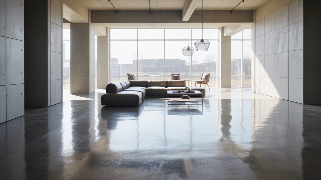 Modern polished concrete flooring in a contemporary home interior.