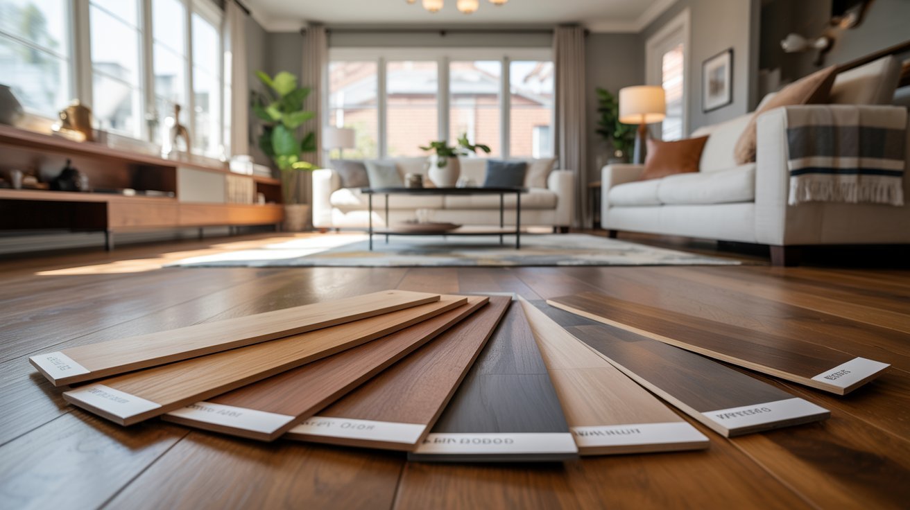 Homeowner comparing different hardwood floor color samples in a bright modern living room.
