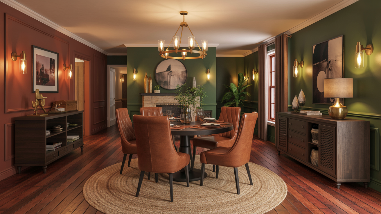 Cinnamon and spice toned hardwood floors in a warm transitional dining room interior.