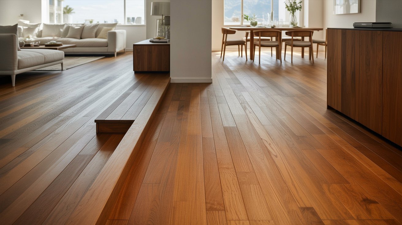 Wood flooring direction change separating spaces in an open-plan home.