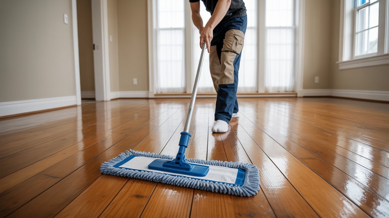 Preparing hardwood floors for a screen and recoat process.