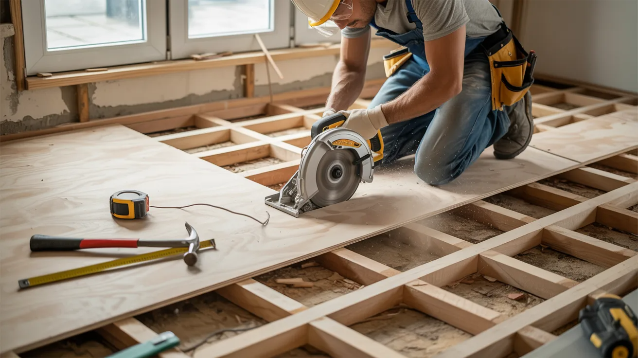 Contractor replacing a damaged plywood subfloor section during renovation.