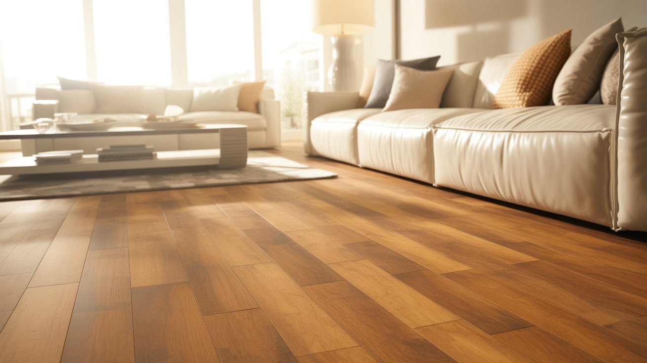 Laminate flooring with a hardwood appearance in a modern living room.