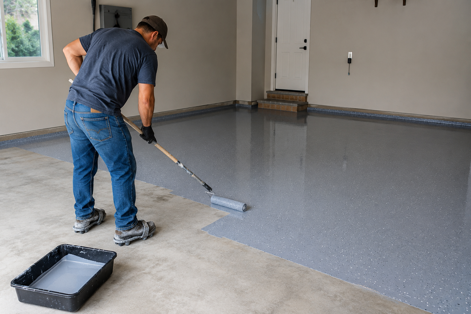 Worker applying epoxy coating onto a prepared concrete floor in a residential garage.